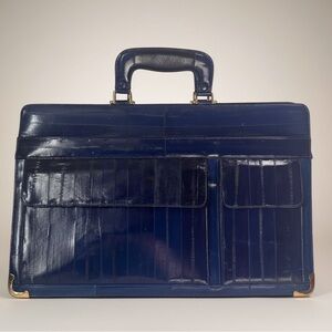 EEL Skin Vintage 80s Leather Laptop Bag Pockets Satchel Zip Brass Briefcase Cell